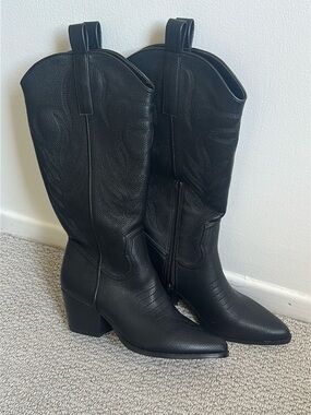 Fashion Nova Black Knee-High Lace-Up Western Boots